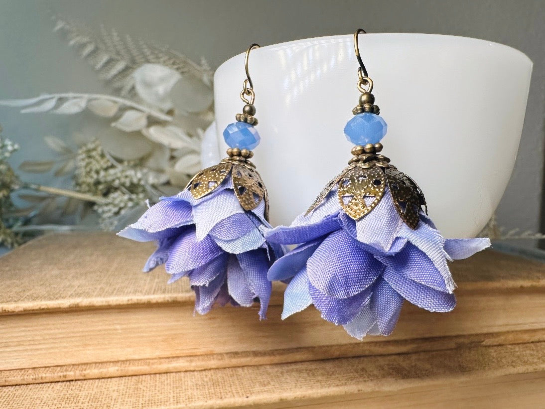 Faerie Flower Earrings in Periwinkle, Handmade Whimsical Organza Flower Earrings, Purple Blue Floral Earrings w Crystals and Hammered Bronze