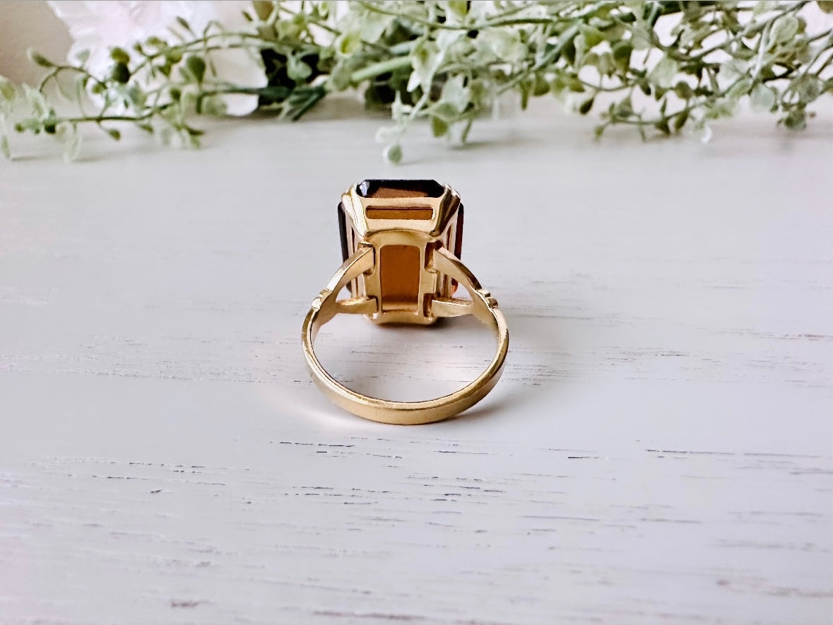 Vintage 70s Ring, Large Solitaire Topaz Rectangle Emerald Cut 1978 Smoky Lustre November Birthstone Cocktail Ring, Chunky Costume Jewelry