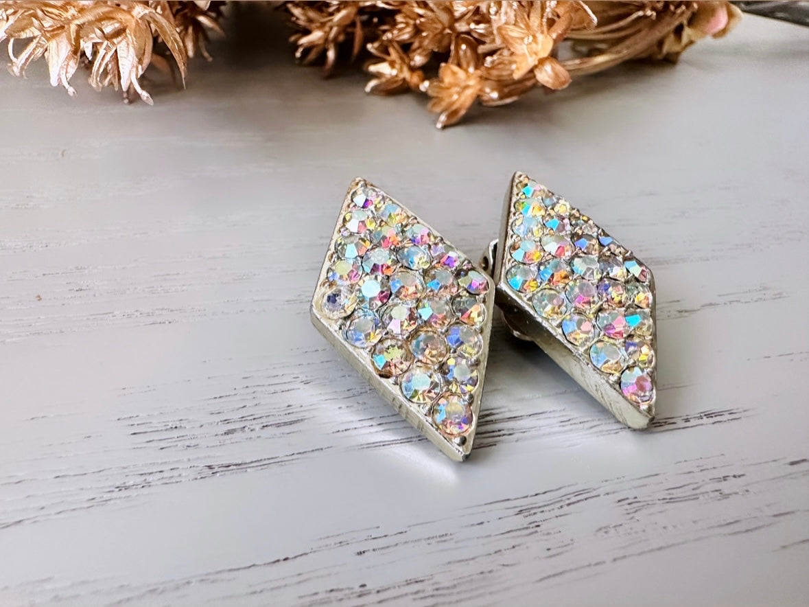 Vintage Pave Set Rhinestone Earrings, Gorgeous Sparkling Emmons Diamond Shape AB Rhinestone Clip On Earrings, Signed Cocktail Earrings