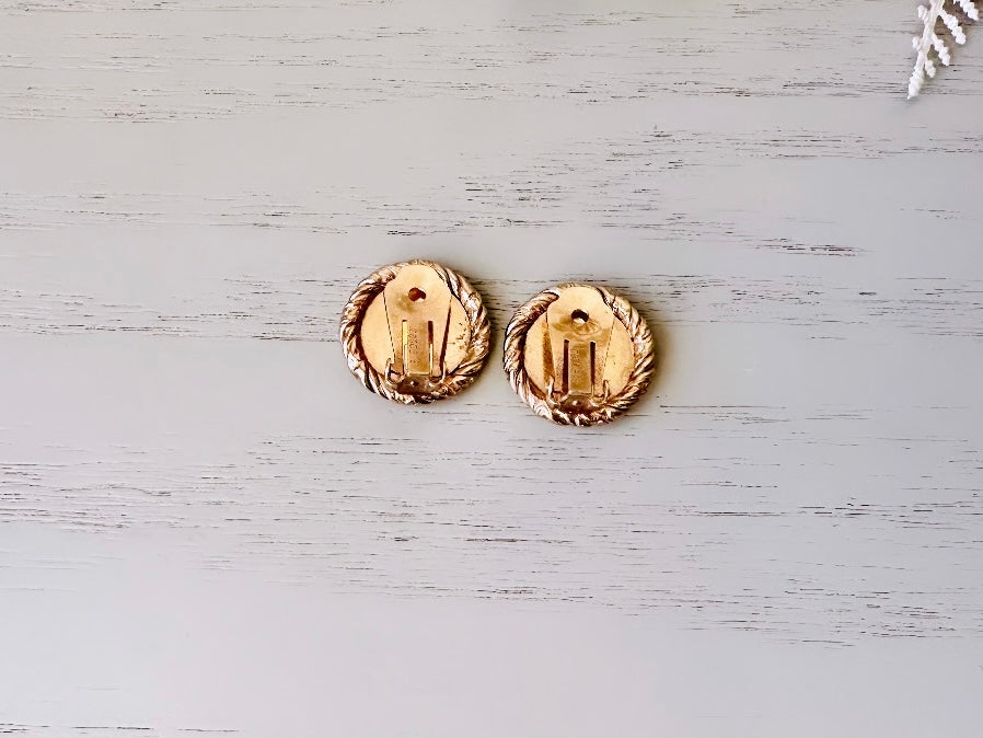 Gold Vintage Clip On Earrings with Rope Border, Unique Classic Gold Button Earrings 3/4" Clip-Ons for Non-Pierced, Bergere Earrings