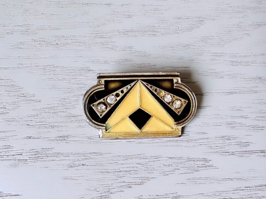 Art Deco Brooch, VTG Antique Silver Pin with Black and Cream Enamel and Vintage Rhinestones, Vintage Pin Brooch, Great Gatsby Accessories
