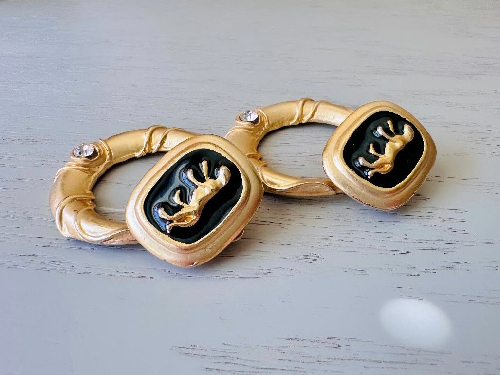 Vintage Panther Earrings, Black Enamel Rhinestone Convertible Earrings, Fantastic 1980s Matte Gold Hoop Earrings, 1980s VTG Clip On Earrings