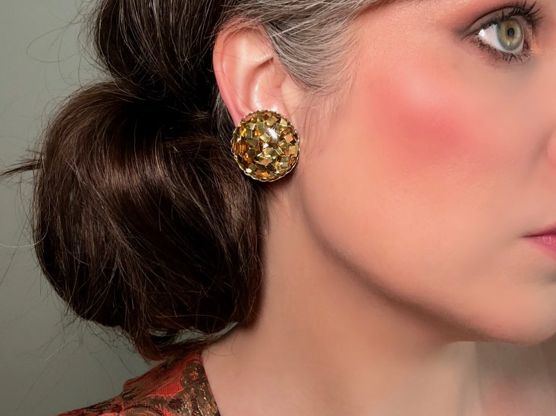 Gold Confetti Earrings, Sparkling Gold Foil Party Earrings, Fun Vintage Confetti Earrings, Clip On Gold Foil Glitter Earrings