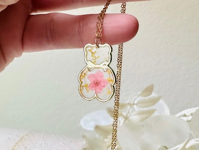 Teddy Bear Necklace, Handmade Dried Flower Bear Charm Necklace, Pink Pressed Flower Gold Bear Pendant on 18k Gold Chain, Choose Your Length