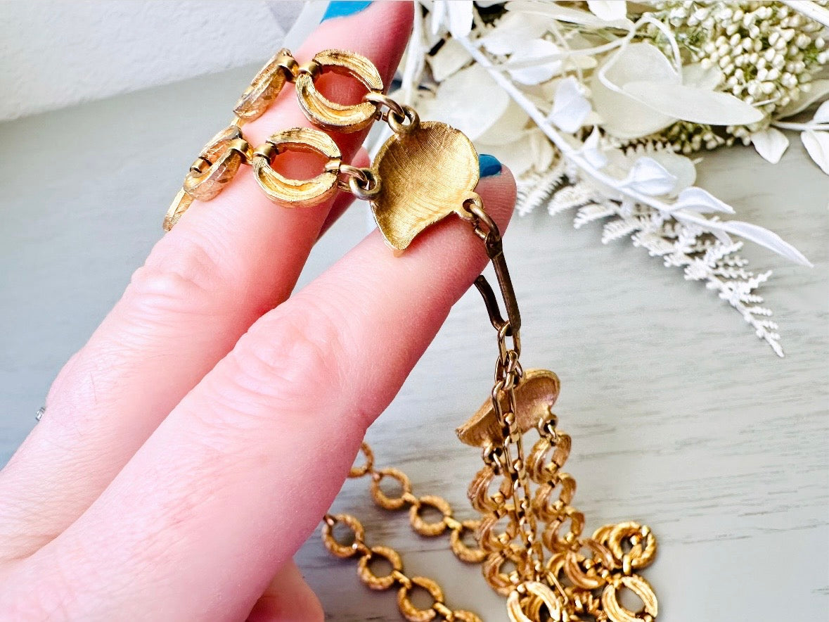 Gold Vintage Double Chain Necklace, Textured Matte Gold Layered Loops, Bold 80s Mogul Style, Leaf and Shamrock Details Authentic Vintage