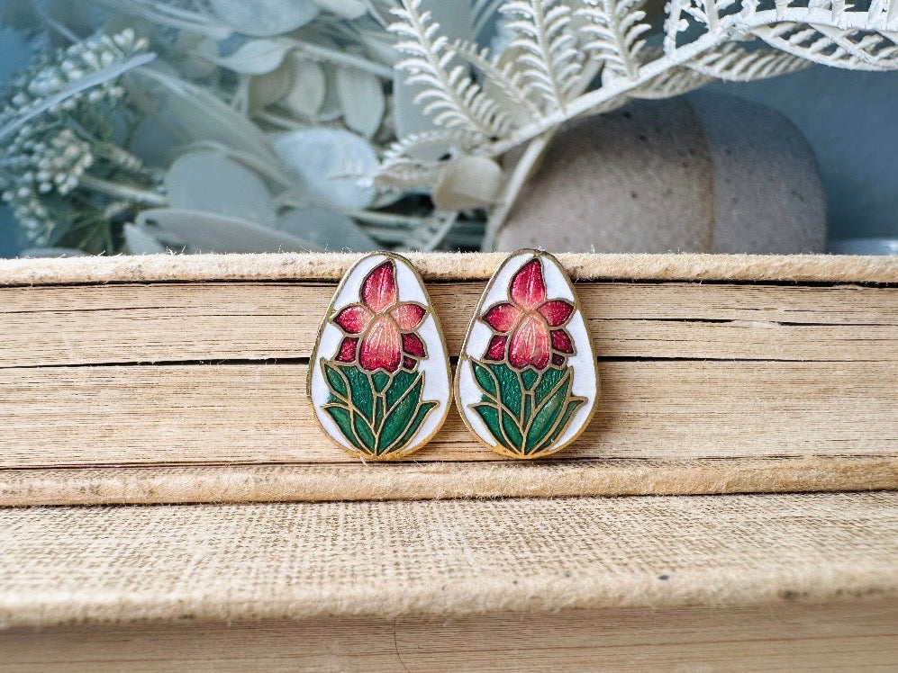 Vintage Flower Earrings, Gorgeous White Enamel Teardrops with Pink Green and Gold Cloisonné