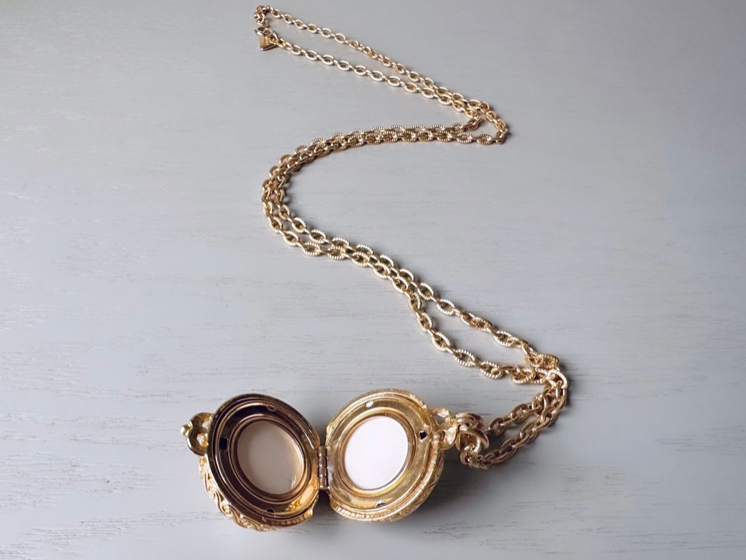 Pearl Locket Necklace, LCI Gold Locket Ball Rare Pearl Sphere Pendant Necklace, Long Chain Vintage Liz Claiborne Faux Pearl Locket Pendant