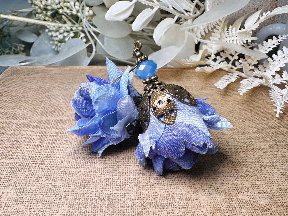 Faerie Flower Earrings in Periwinkle, Handmade Whimsical Organza Flower Earrings, Purple Blue Floral Earrings w Crystals and Hammered Bronze