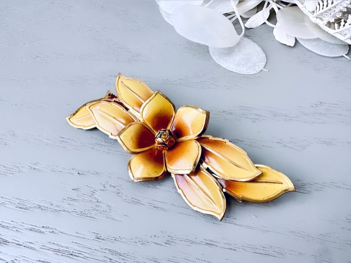 Gorgeous 1940s Flower Brooch, Vintage Fall Accessories, Boho Autumn Brooch, Mustard Yellow and Antique Gold Pin, Rustic Woodland Accessories