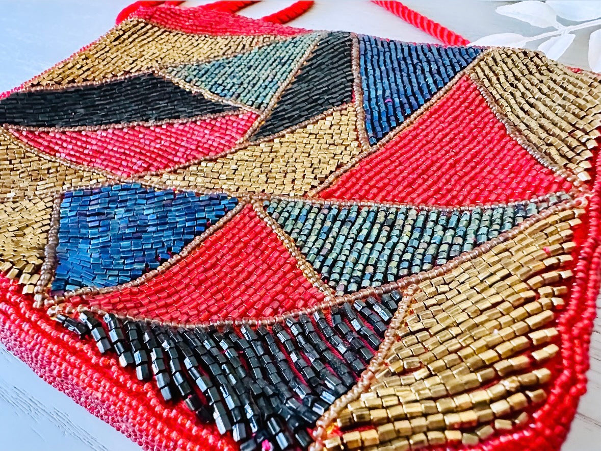 Red 1980s Vintage Beaded Handbag, Geometric Triangle Purse, Incredible 80s Hand Beaded Purse with Gold Black Blue and Peacock Green Accents