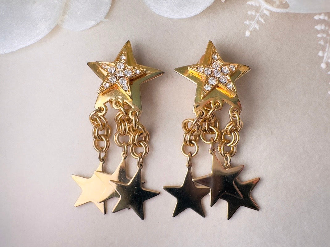 Vintage Star Earrings, Gold Star Pave Rhinestone Chain Tassel Clip Ons