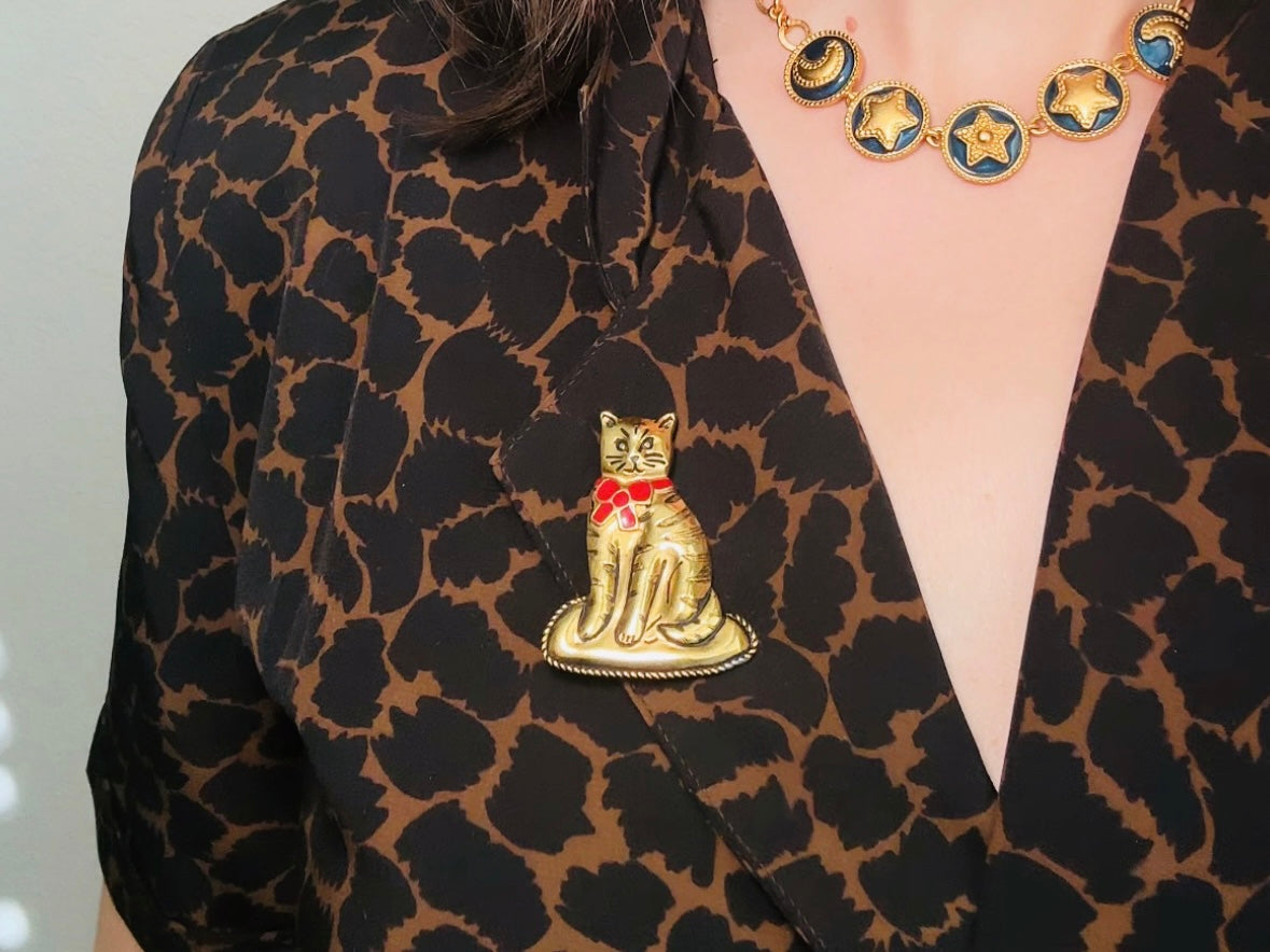 Vintage Cat Brooch, Anne Klein Gold Cat Pin with Red Ribbon Bow, 1980s Vintage Cat Pin, Gold Cat Kitty Broach, Big Statement Animal Brooch from Piggle and Pop