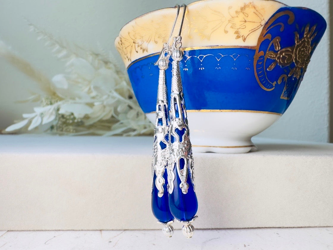 Blue Teardrop Earrings, Long Handmade Cobalt Blue Czech Glass Beaded Drop Earrings with Victorian Silver Filigree Cones