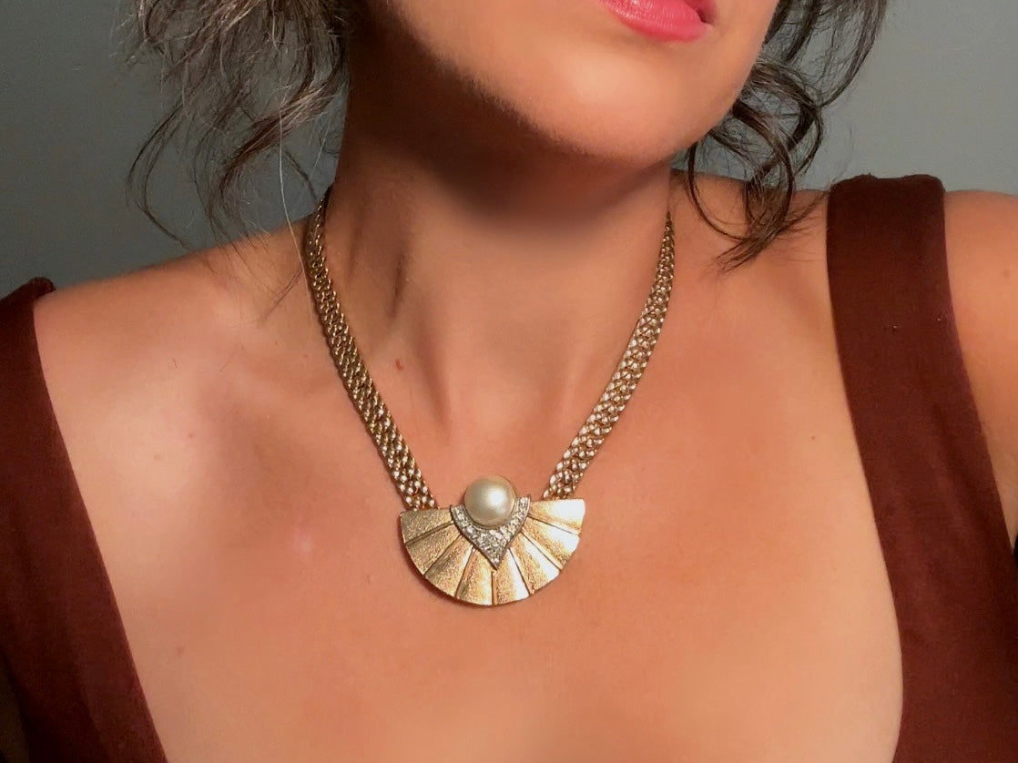 Art Deco Necklace, Vintage Park Lane Pendant Necklace w Gold Fan, 80s Pave Rhinestone Detail and Cream Pearl Cabochon, Chunky Chain Choker