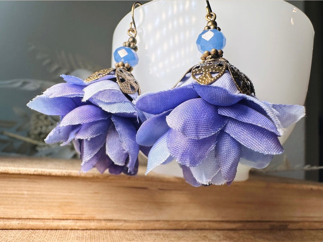 Faerie Flower Earrings in Periwinkle, Handmade Whimsical Organza Flower Earrings, Purple Blue Floral Earrings w Crystals and Hammered Bronze