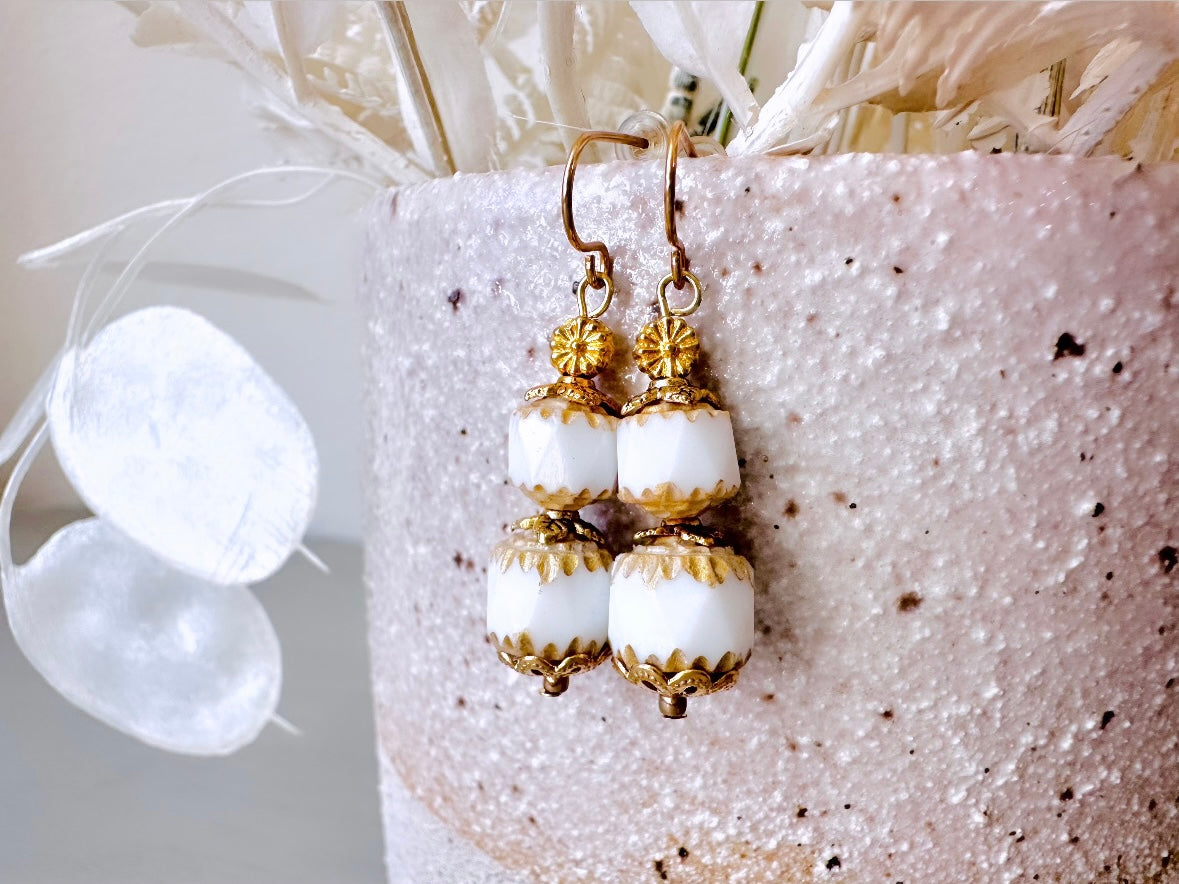 White and Gold Earrings, Handmade Cathedral Cut Opaque Czech Glass Beads Metallic Gold Grecian Detailing, Romantic Classic Wedding Earrings