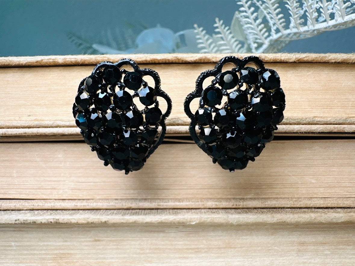 All Black 1960's Sparkling Earrings, 60s Signed Designer Weiss Vintage Teardrop Clip On Black Rhinestone on Black Enamel Earrings