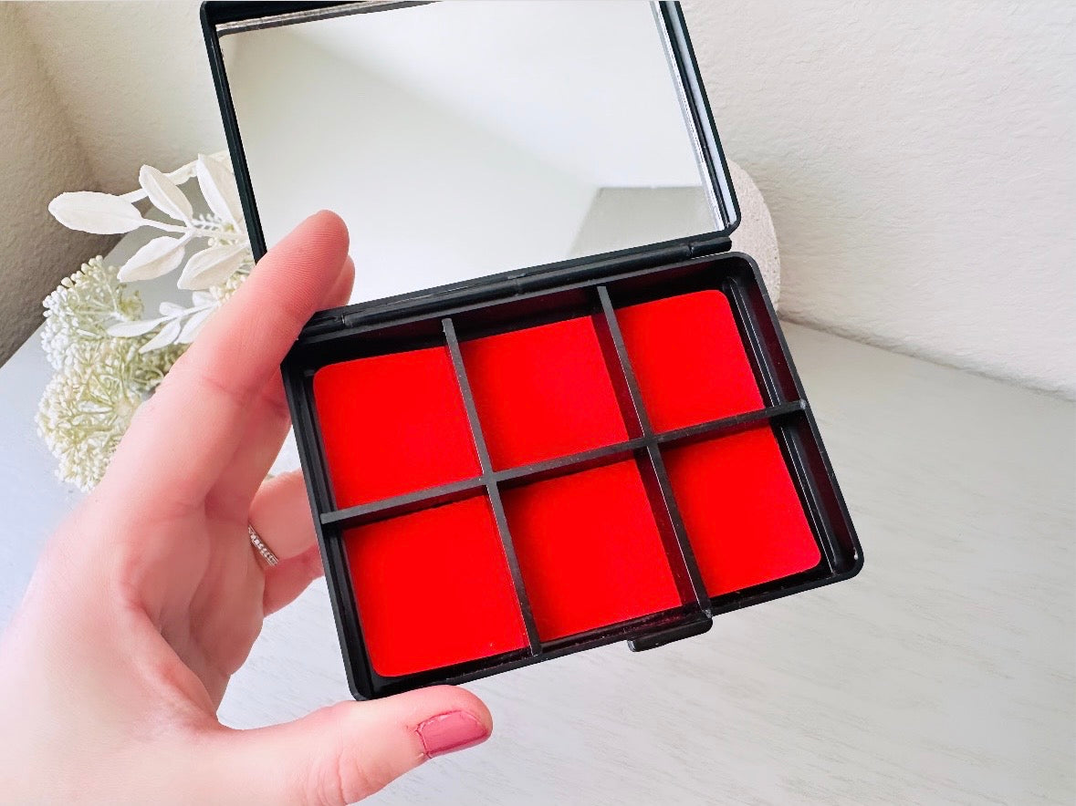 Vintage Jewelry Box, Mini Flower Travel Trinket Box, Black Laquer Plastic Floral Jewelry Box with Red Felt Dividers and Mirror, from 1984