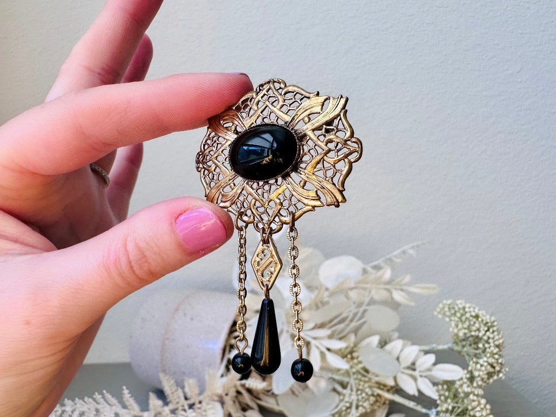 Black Vintage Brooch, Antique Bronze Filigree Brooch with Black Cameo & Chain Tassels Romantic Vintage Pin Victorian Revival Gifts for Her