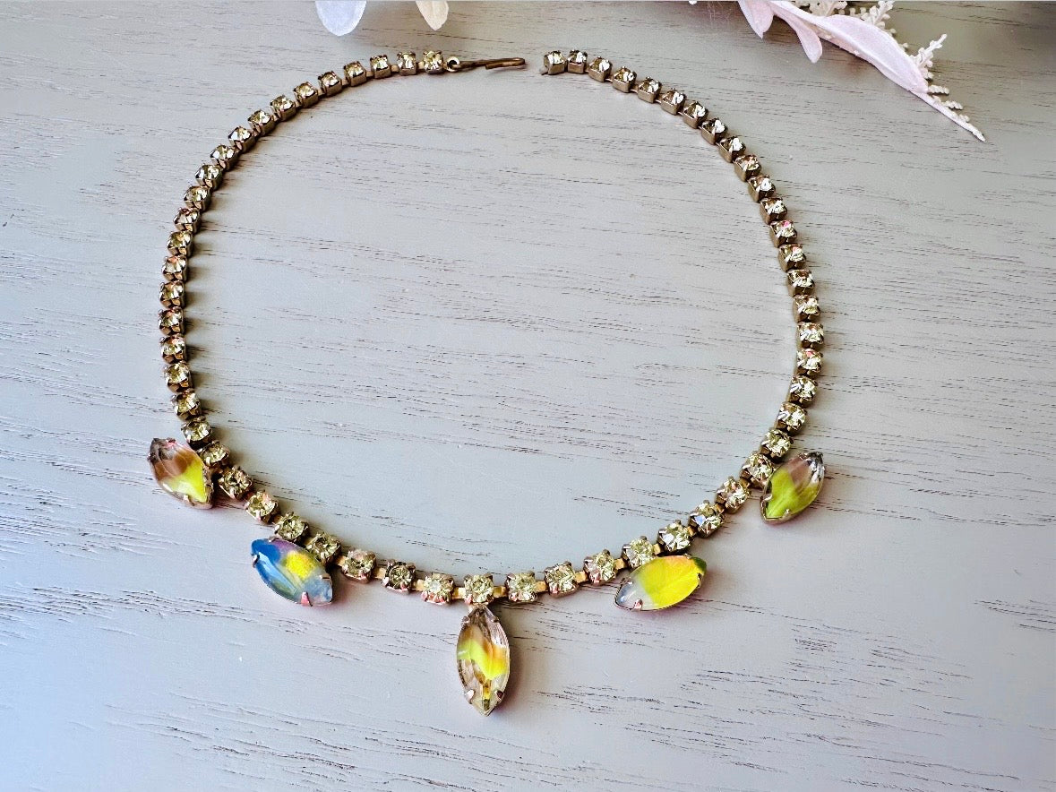 Vintage Tennis Necklace, Gorgeous Green Faux Opal 15" Crystal Choker Necklace with Prong Set Green Rhinestones and Colorburst Marquise Glass Stones