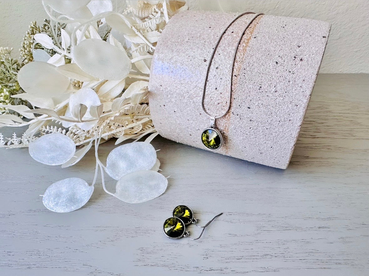 Olive Green Earrings, Swarovski Crystal Earrings, Small Drop Earrings, Dark Green Wedding, Small Round Rhinestone Rivoli Dangle Earrings