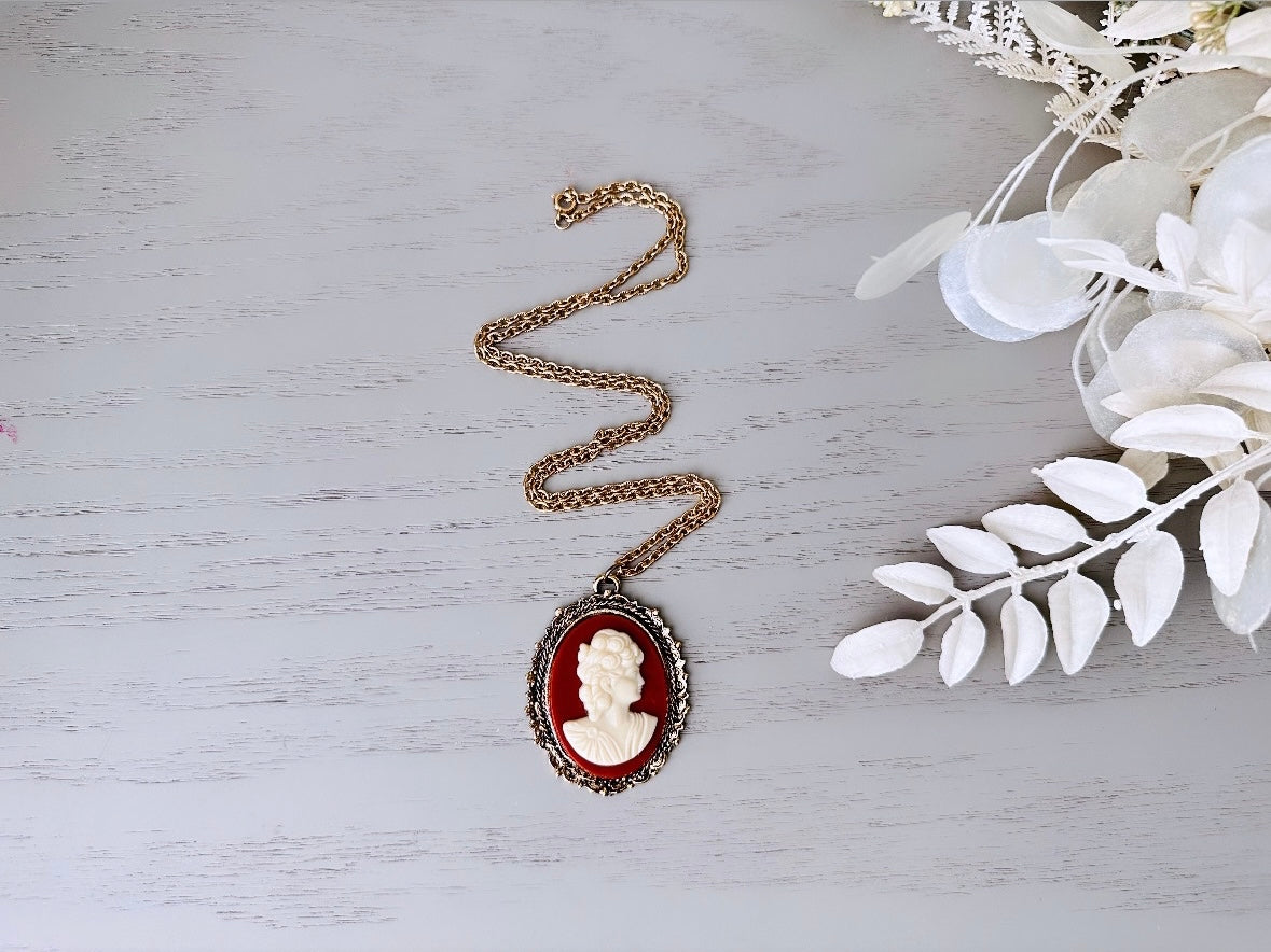Vintage Cameo Necklace, Antique Gold Victorian Necklace, Large Red and Cream Raised Cameo Statement Necklace, Victorian Revival Cameo