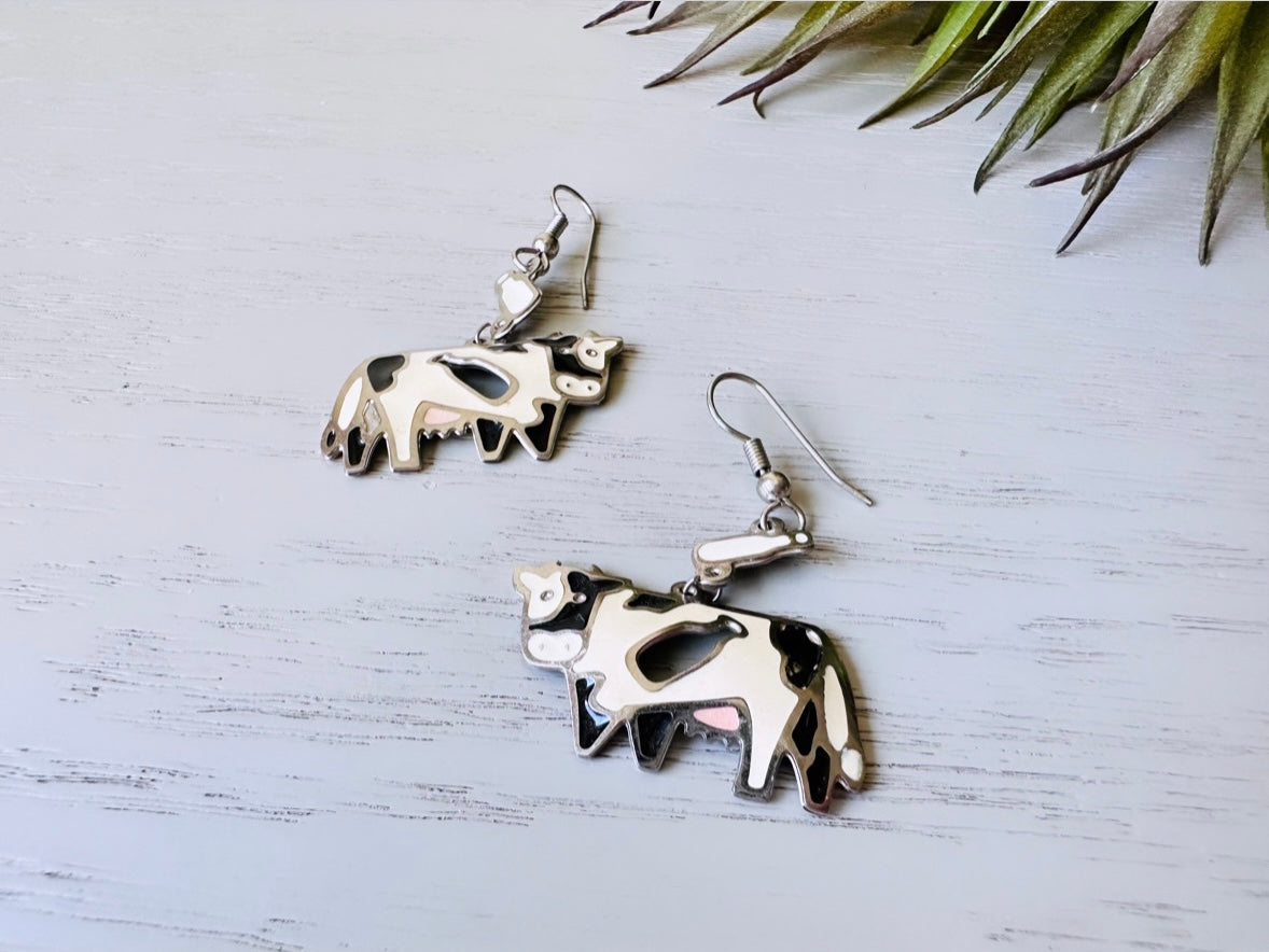 Vintage Berebi Cow Earrings, Adorable Cow and Milk Bottle Earrings, Fun 1980s Collector's Earrings, Pierced Enamel Earrings, Cool Retro