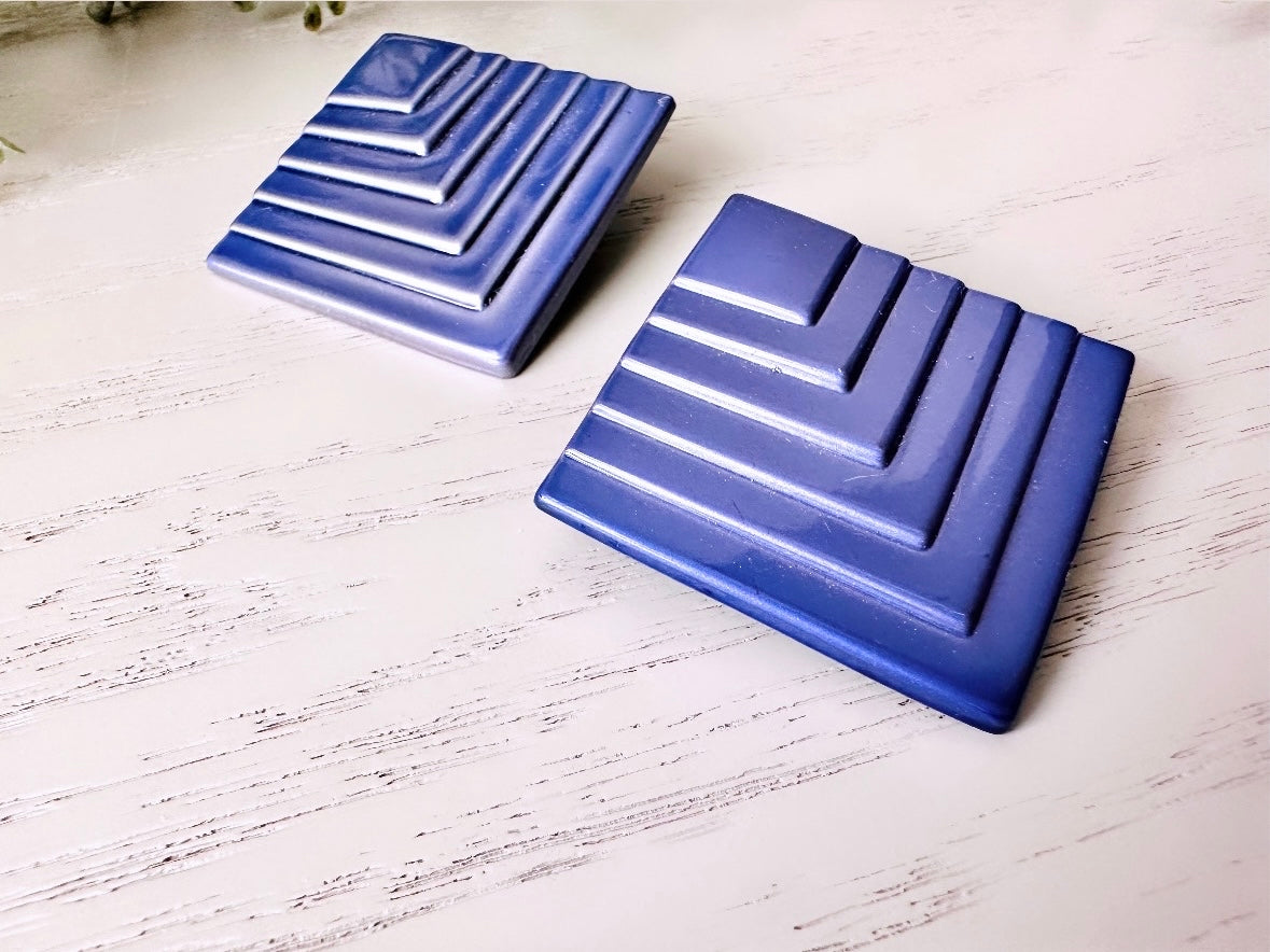 1980s Purple Earrings, Metallic Enamel Oversized Square Pierced Earrings, Fun 80s Vintage Earrings, Futuristic Tiered Big Geometric Studs