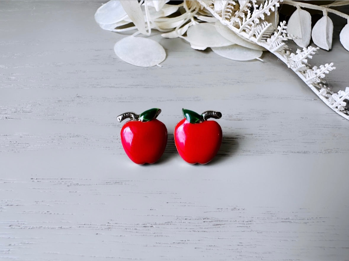 Red Apple Earrings, Vintage Apple Pierced Earrings, Small Enamel 1980's Earrings, Silver and Red Apple Stud Earring, Cute Teacher Gifts