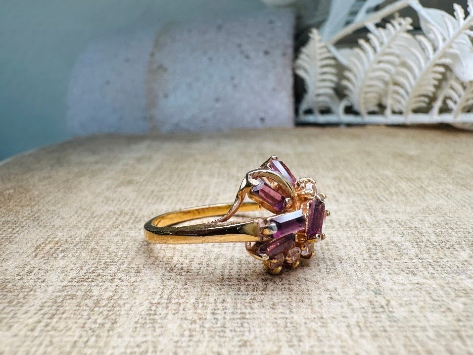 Vintage Cocktail Ring, Prong Set Plum Purple Baguette Stones in Wave with Clear Diamond Rhinestones, Gorgeous Gold Plated Cocktail Ring Sz 6