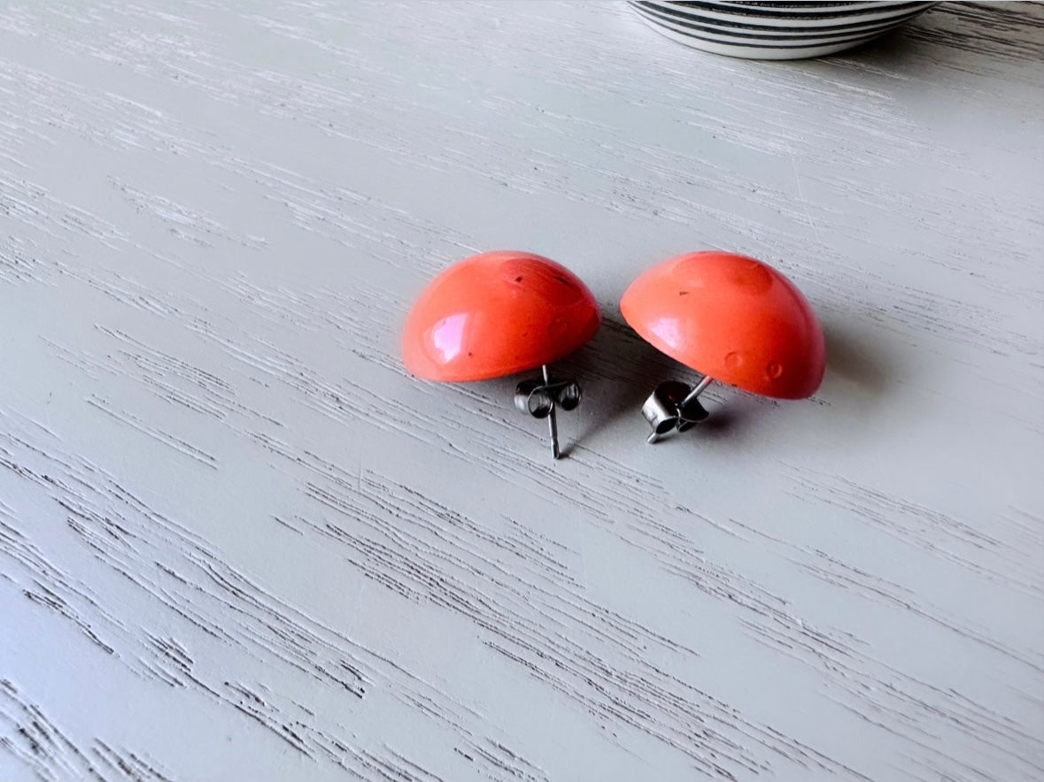 Coral Orange Vintage 1970's Stud Earrings, Round Geometric Opaque Enamel Earrings, Vintage Pierced Post Earrings, Pop of Color