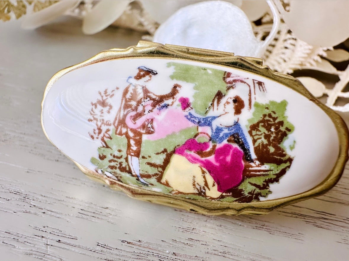 Vintage Lipstick Mirror, Vintage 1950s Victorian Style Cosmetic Case, Porcelain Floral Pink Roses Mirror, Romantic Flower Makeup Mirror