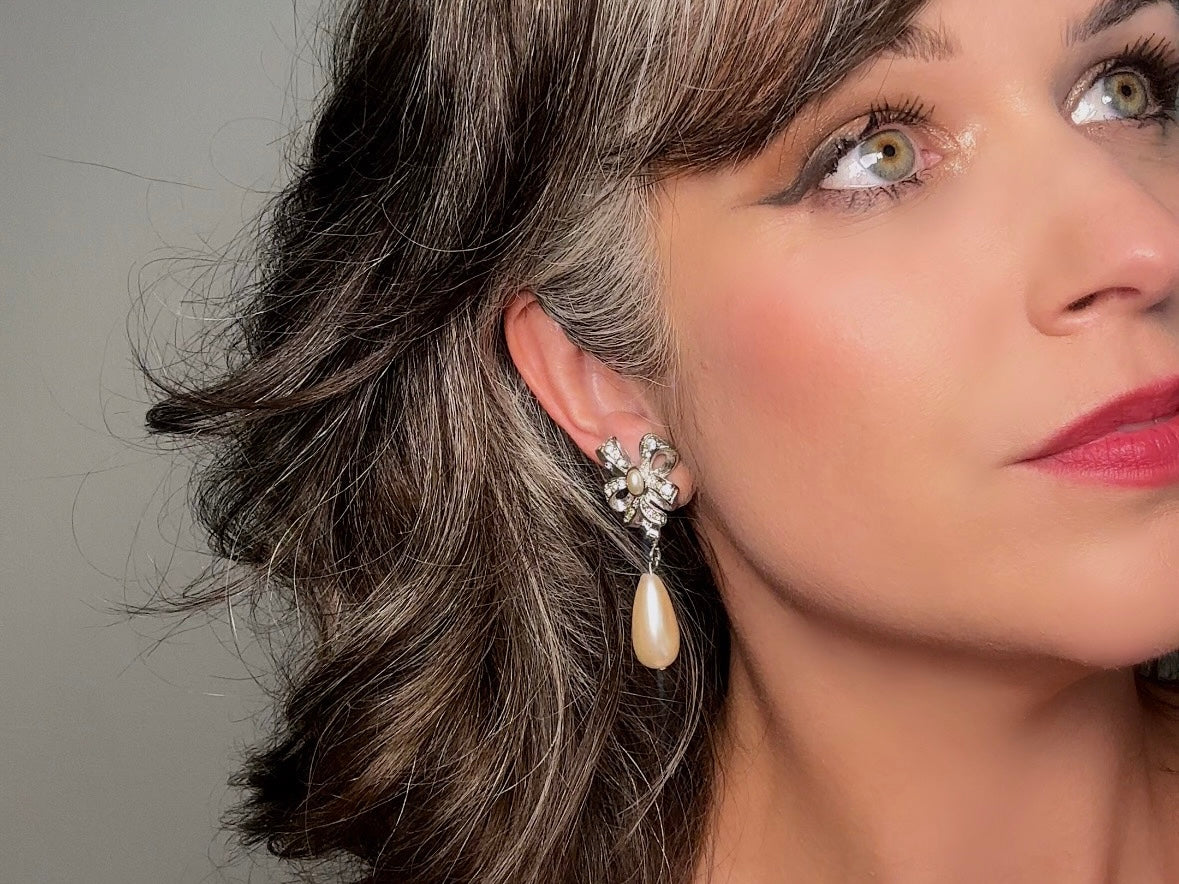 Silver Bow Earrings with Pearl Teardrops, Vintage Signed Richelieu Lolita Earrings with Crystals