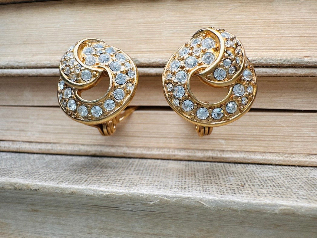Vintage Monet Gold Knot Earrings with Diamond Rhinestones, Elegant Cocktail Clip On Earrings
