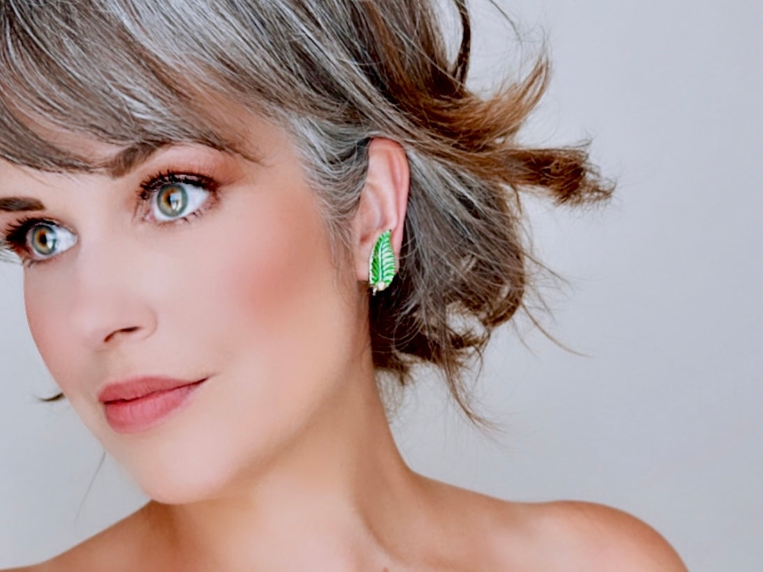 1930s Vintage Green Leaf Earrings with Cream Pearl, Clip On