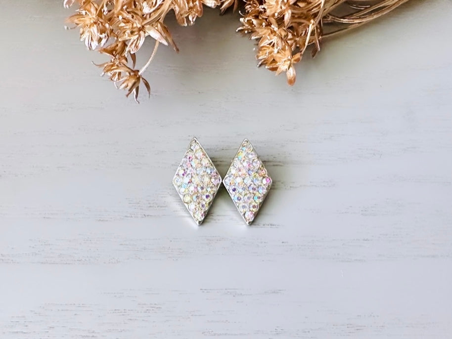 Vintage Pave Set Rhinestone Earrings, Gorgeous Sparkling Emmons Diamond Shape AB Rhinestone Clip On Earrings, Signed Cocktail Earrings