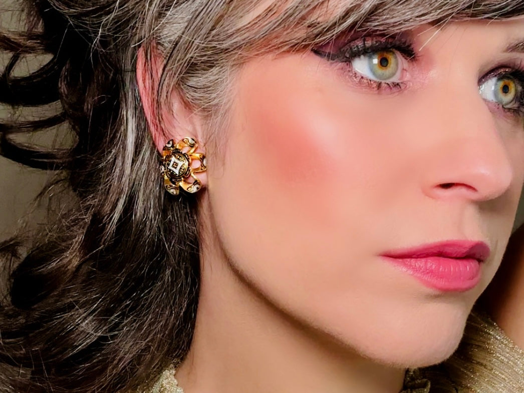 Vintage Damascene Earrings, Black and White Enamel Embossed Flower Shape Vintage Clip On Earrings, Made in Spain,