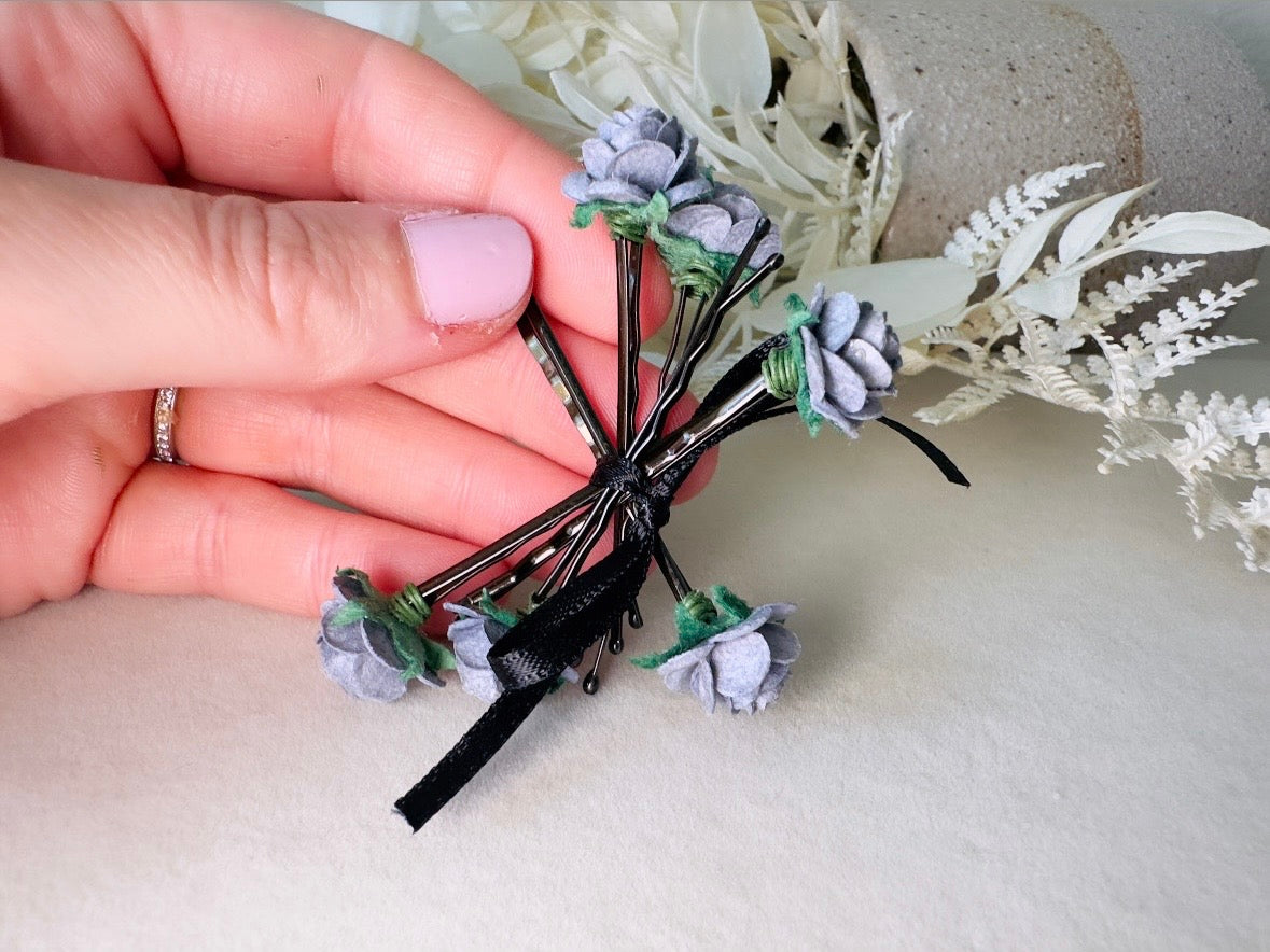 Dark Grey Rose Hair Pin Set, 6 Handmade Paper Flower Bobby Pins in Beautiful Deep Gray, Timeless Bridal Hair Accessories for Floral Wedding MPR6