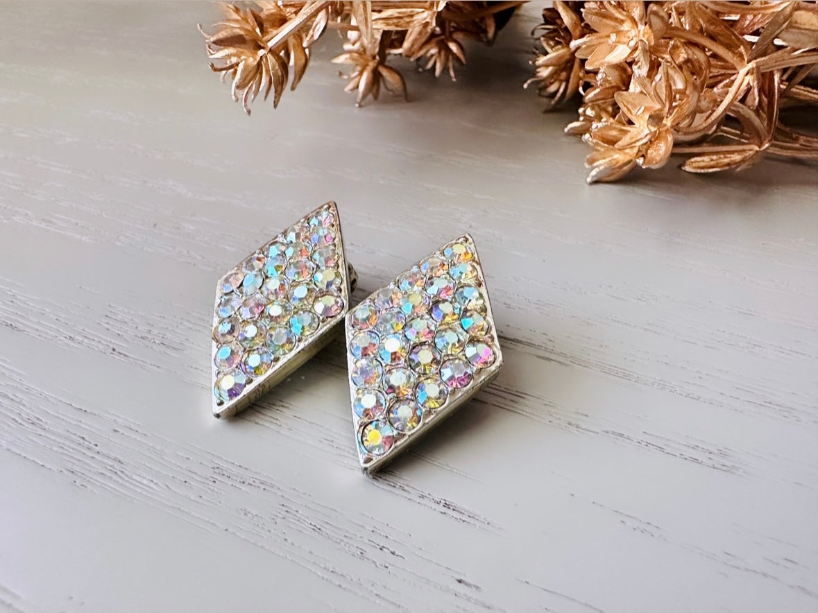Vintage Pave Set Rhinestone Earrings, Gorgeous Sparkling Emmons Diamond Shape AB Rhinestone Clip On Earrings, Signed Cocktail Earrings