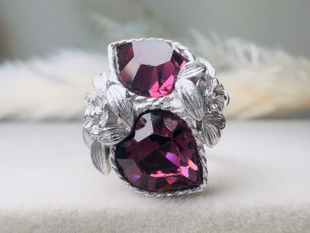 Vintage Heart Cocktail Ring, February Birthstone Purple Heart Ring, 1973 Amethyst and Silver Flowers Double Heart Love Story Sarah Coventry