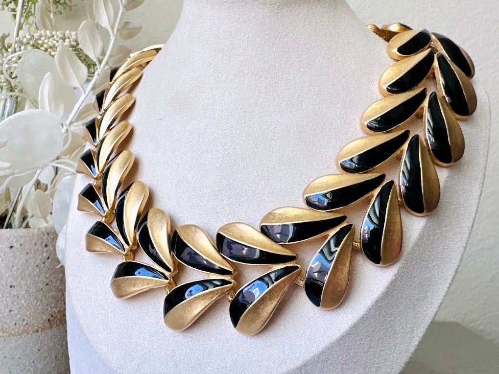 Vintage Black and Gold Choker Necklace, Designer Vintage Dramatic Runway Couture High End Fernando Originals Inc Collar Necklace