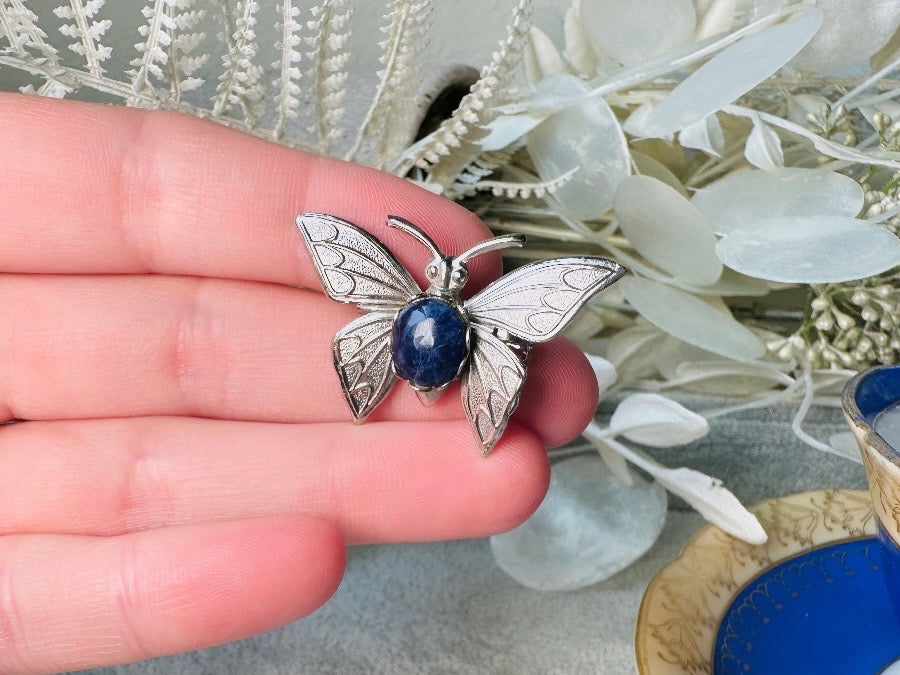 Butterfly Brooch Pin, Vintage Silver Butterfly Pin with Blue Stone Center, Vintage Brooch, Whimsical Bridal Brooch, Antique Silver Pin