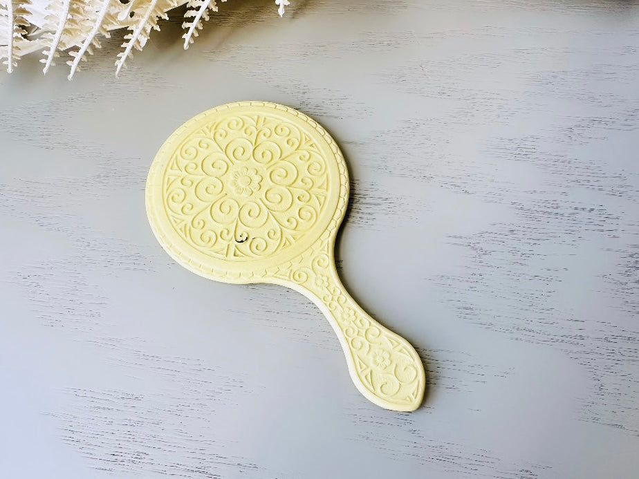 Vintage 60s Yellow Hand Mirror, Embossed Flower Pastel Yellow Vintage 1960’s Cute Mirror, Vtg 60s Girl's Handheld Makeup Mirror