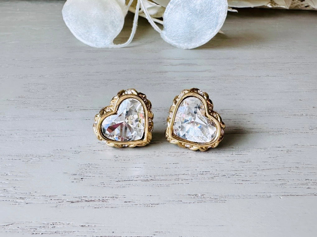 Vintage Swarovski Heart Earrings, Diamond Crystal Vintage Earrings, Sparkling Jewel Earrings with Gold Gem Border, Designer 1980s Post Studs