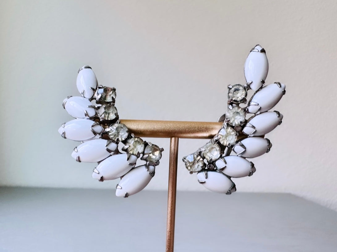 Vintage Milk Glass Earrings, 1960s Dramatic Rhinestone Clip-on Earring, Prong Set Vintage Crawler Earrings, Stunning Elegant Bridal Earrings