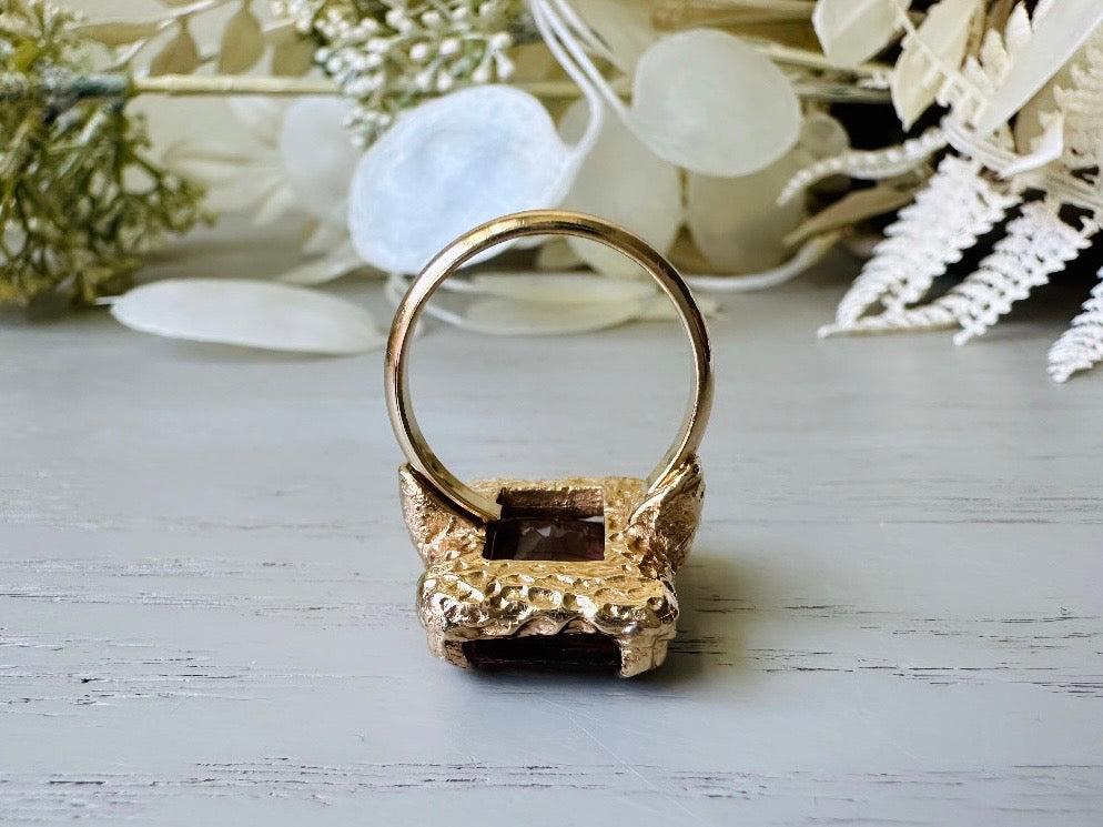 Vintage Cocktail Ring, 1973 Twilight Faux Amethyst Emerald Cut Ring