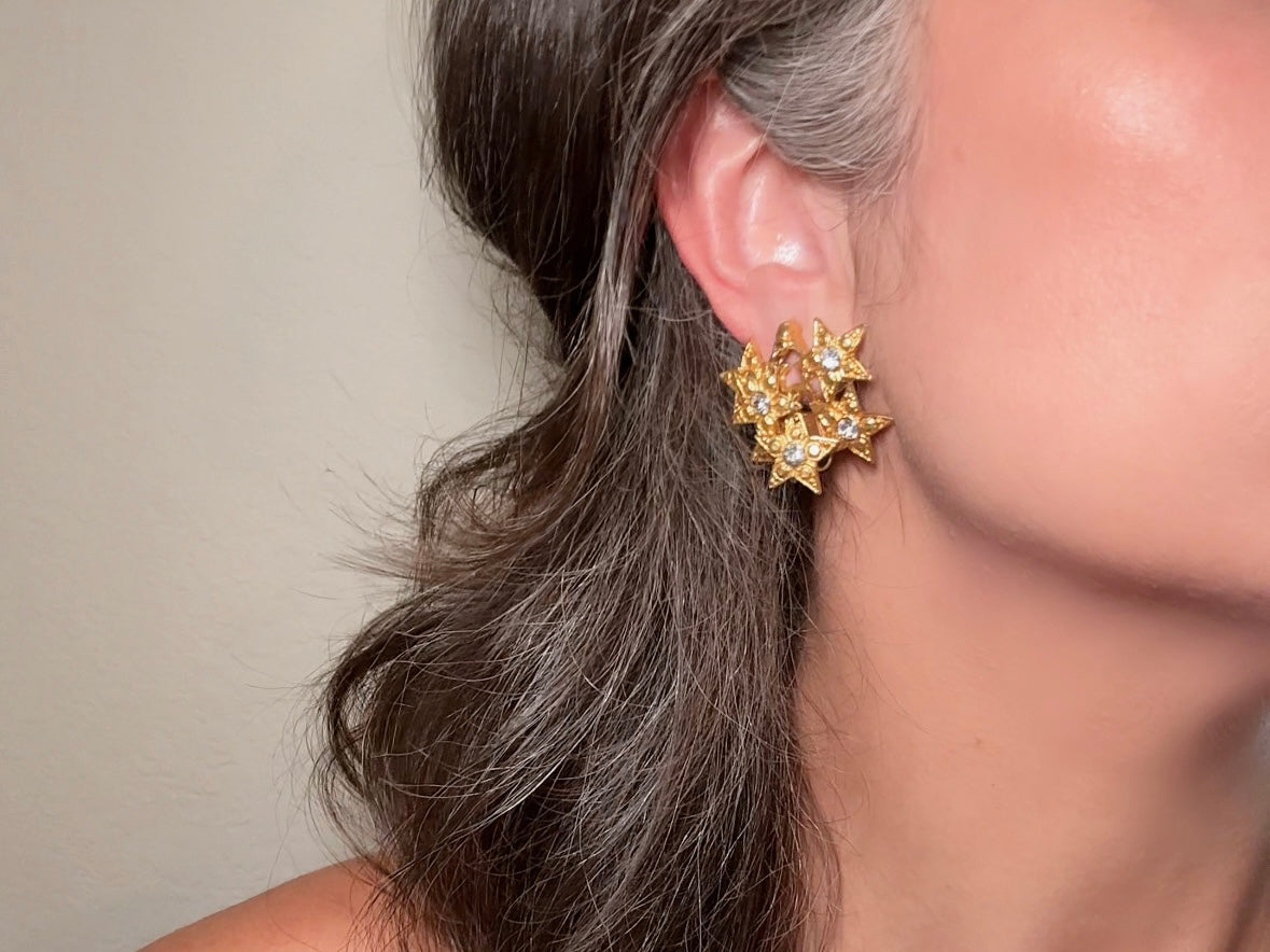 Vintage Star Earrings, Dimensional Gold and Rhinestone Statement Earrings, Unique Celestial Dangle Earrings, Star Charm Clip Ons