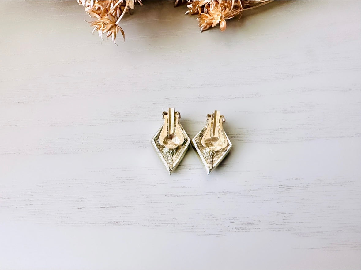Vintage Pave Set Rhinestone Earrings, Gorgeous Sparkling Emmons Diamond Shape AB Rhinestone Clip On Earrings, Signed Cocktail Earrings