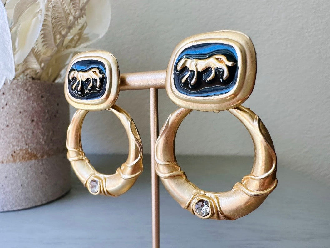 Vintage Panther Earrings, Black Enamel Rhinestone Convertible Earrings, Fantastic 1980s Matte Gold Hoop Earrings, 1980s VTG Clip On Earrings
