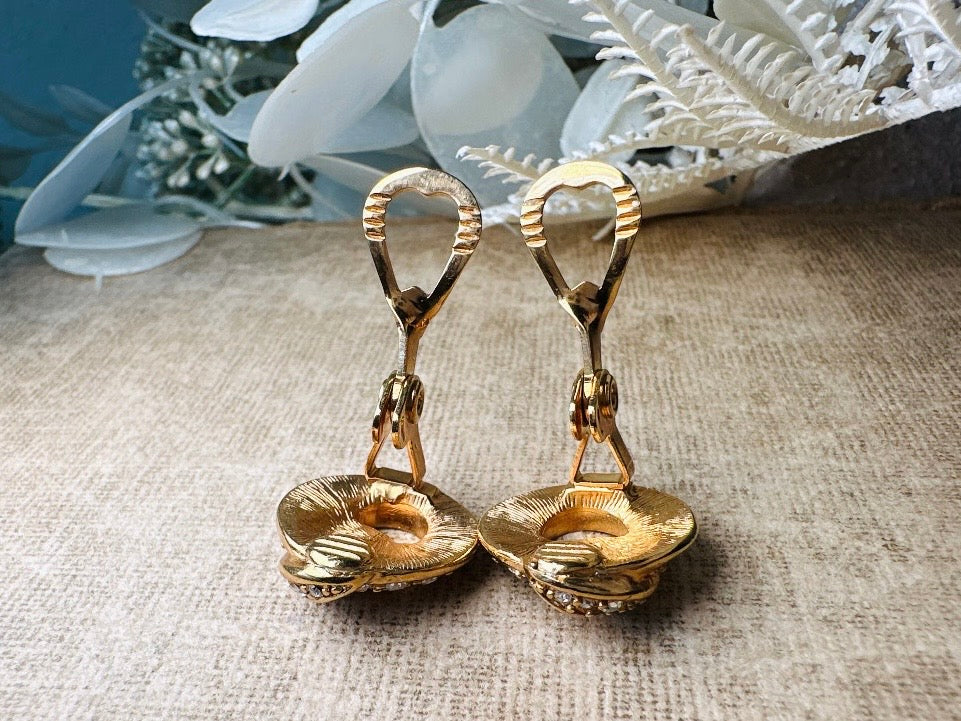 Vintage Monet Gold Knot Earrings with Diamond Rhinestones, Elegant Cocktail Clip On Earrings